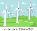 Several wind turbines stand tall on a lush, green hill. Perfect for energy, sustainable development, ecofriendly concepts, and renewable energy themes.