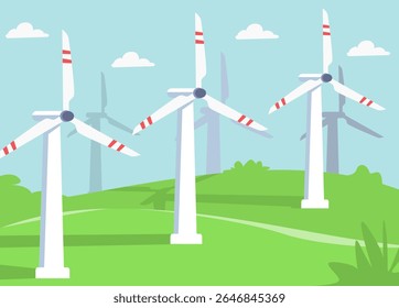Several wind turbines stand tall on a lush, green hill. Perfect for energy, sustainable development, ecofriendly concepts, and renewable energy themes.