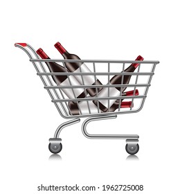 Several wine bottles in a shopping cart and all object on a white background,shopping cart and wine isolated for food and drink advertising concept design