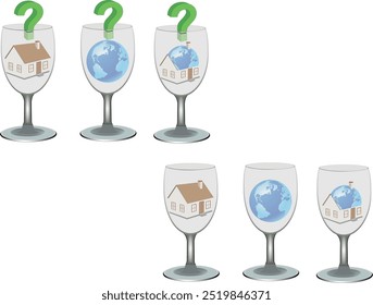 Several wine glasses containing a house or a planet earth with question marks symbolizing housing search and decision making