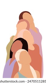 Varias mujeres de diferentes nacionalidades, culturas, piel, color de pelo se unen. ¿Hermosas chicas valientes se Asistencia entre ellas? movimiento feminista. El concepto de hermandad y amistad femenina. Vector.