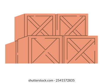 Several wooden crates are stacked together in an orderly manner. Ideal for logistics, warehousing, transportation, industrial storage, and supply chain management. Flat design style