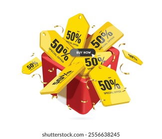 Several yellow 50% off promotion signs overflowed from a red gift box and a buy now button was placed in the middle. for advertising design, vector 3d illustration isolated on white background