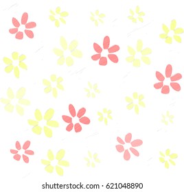 Several Yellow and Red Flowers of Various Shape and Opacity on White Background