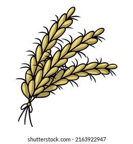 Several yellow ripe ears, rye cereals, vector cartoon illustration on a white background