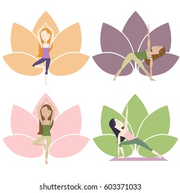 Several yoga poses with flowers background. Symbol of calm, peace, meditation, sport, wellness, subconscious. With lotus on the background. Cartoon characters vector illustration eps 10