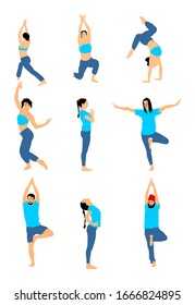 Several yoga poses vector illustration isolated on white background. Woman and man exercises physiotherapy treatment in rehabilitation center. Gym healthy activity. Workout training, sport stretch.