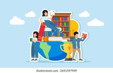 Several young people reading books around a half globe with a stack of books whiteboard trophy lamp and bookshelf illustration of seeking literacy for ideas and inspiration