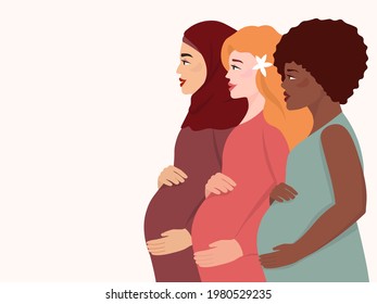 Several young pregnant women stand in profile and hold their large bellies. The concept of motherhood, equality, and family. Vector graphics.