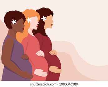 Several Young Pregnant Women Stand In Profile And Hold Their Large Bellies. The Concept Of Motherhood, Equality, And Family. Vector Graphics.