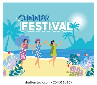 Several young women playing on the beach. Nice summer vacation. Summer concept. Flat vector illustration.