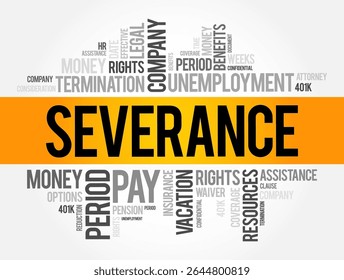 Severance - geralmente significa o ato de cortar ou separar, fundo de conceito de nuvem de palavras
