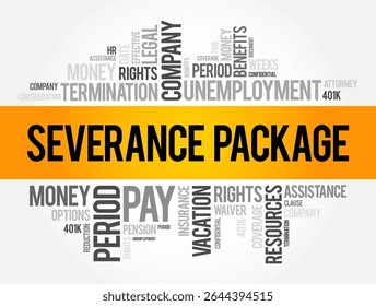 Severance Package is the compensation and benefits an employee receives from an employer when their job ends involuntarily, word cloud concept background