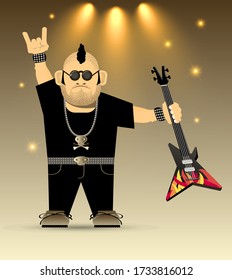 severe bass guitarist of a punk band in black clothes, glasses, shiny paraphernalia, with a guitar in his hand, stands among the lights of spotlights with a characteristic gesture.vector