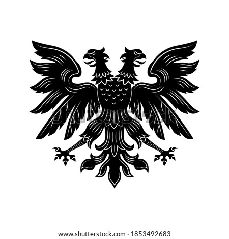 Severe double eagle vector illustration. Imperial heraldry, two headed hawk, open wings and beaks. Monarchy or nobility concept for royal insignia or heraldic badge templates