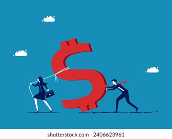 Severe financial problems. team of businessmen trying to drag in money 