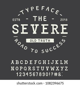 SEVERE FONT crafted retro vintage typeface design. Original handmade textured lettering type alphabet on navy background. Authentic handwritten font, vector letters.