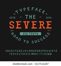 SEVERE FONT crafted retro vintage typeface design. Original handmade textured lettering type alphabet on navy background. Authentic handwritten font, vector letters.