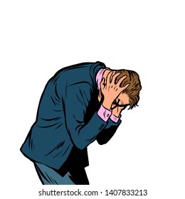 Severe headache, man clasped his head. Pop art retro vector illustration vintage kitsch