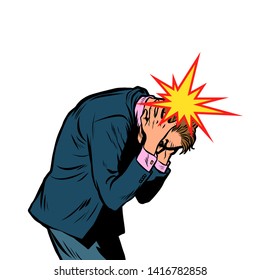 Severe headache, man clasped his head. Pop art retro vector illustration vintage kitsch