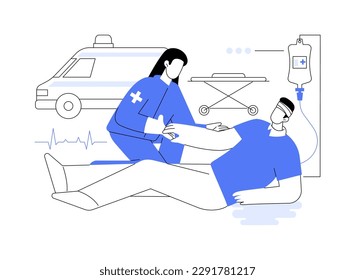 Severe injury help abstract concept vector illustration. Patient with severe injury receiving professional help from doctors, bleeding man, emergency medical services abstract metaphor.