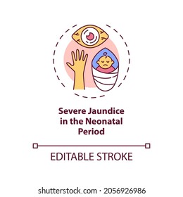 Icono de concepto de ictericia grave en periodo neonatal. Ilustración de línea delgada de la idea de pérdida de audición congénita. Decoloración amarillenta de la piel y los ojos. Dibujo de color RGB con contorno aislado del vector. Trazo editable