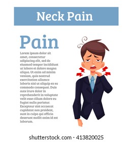 Severe Pain In  Neck In Men. Concept Of Pain In Neck And Spine Of An Office Worker, Colored Cartoon Illustration