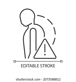 Icono lineal severo de escoliosis rígida. Escoliosis rígida. Curvatura espinal compleja. Deformidades medulares. Ilustración personalizable de línea delgada. Símbolo de contorno. Dibujo de contorno aislado del vector. Trazo editable
