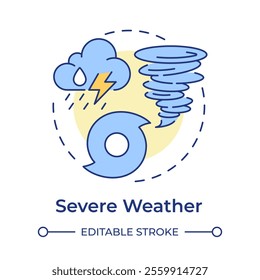 Severe weather multi color concept icon. Thunderstorms, tornadoes and hurricanes disaster prediction. Meteorology. Round shape line illustration. Abstract idea. Graphic design. Easy to use in article