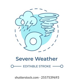 Severe weather soft blue concept icon. Thunderstorms, tornadoes and hurricanes disaster prediction. Meteorology. Round shape line illustration. Abstract idea. Graphic design. Easy to use in article