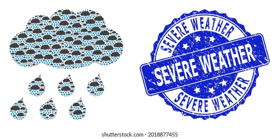 Severe Weather Unclean Round Stamp And Vector Fractal Mosaic Rain Cloud. Blue Stamp Seal Includes Severe Weather Title Inside Circle Shape.