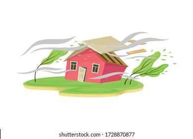 Severe Wind as Natural Cataclysm Blowing Carrying Away House Roof Vector Illustration