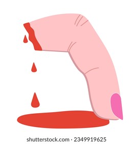Hemorragia con el dedo severo. Accidente, lesión en la extremidad. Ilustración médica. Piscina de sangre. Alarmante ilustración para halloween