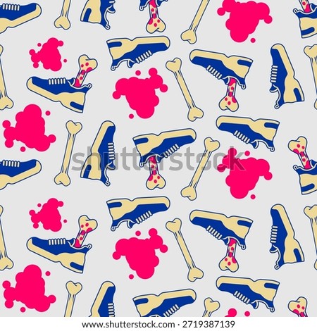 Severed foot in shoe pattern seamless. Bbone sticks out of sneaker background.
