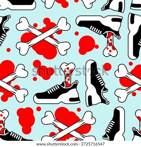 Severed foot in shoe pattern seamless. Bbone sticks out of sneaker background.