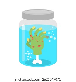severed hand inside glass jar. Alchemical experiment. Ancient spells. Witch's vessel
