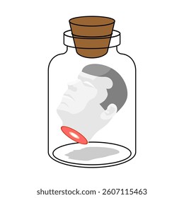 severed head inside glass jar. Alchemical experiment. Ancient spells. Witch's vessel