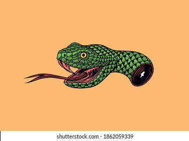 La cabeza cortada de una serpiente por tatuaje o etiqueta. Arte de línea dibujada a mano grabada. Ilustración vectorial. Esbozo antiguo monocromático.