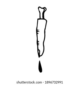 Severed human finger with protruding bone and dripping drop of blood. Hand drawn black outline doodle sketch engraving. Logo tattoo icon. Stock vector illustration isolated on white background.
