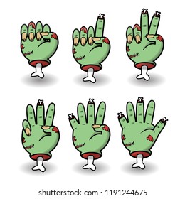 Severed zombie counting hand gesture set. Halloween counting hand sign from zero to five. Communication gestures concept. Vector illustration isolated on white background. 