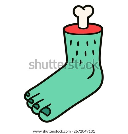 Severed zombie foot with bone sticking out. Simple comic drawing, cartoon vector illustration.
