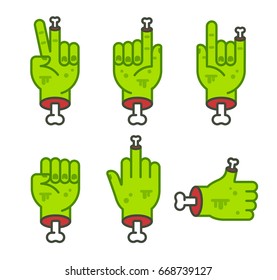 Severed zombie hand gesture set. Cool cartoon Halloween sticker pack. Vector clip art illustration.