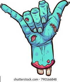 Severed zombie hand making the hang loose hand sign. Vector clip art illustration with simple gradients. All in a single  layer.  