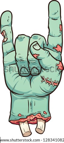 Severed zombie hand making rock sign. Vector clip art illustration with simple gradients. All in a single layer.