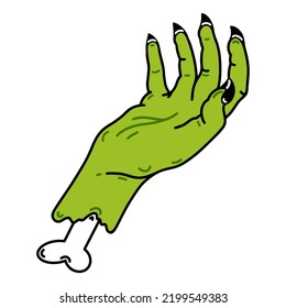 Severed zombie hand vector icon. Rotting human palm isolated on white. Scary creepy monster arm with thick bone, sharp claws. Flat cartoon illustration for Halloween decorations, cards, posters 
