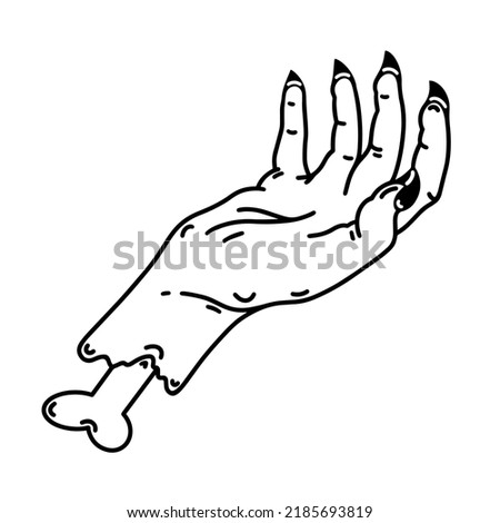 Severed zombie hand vector icon. Rotting human palm outline isolated on white background. Scary creepy monster arm with bone, sharp claws. Line art for Halloween, logo, web