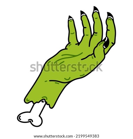 Severed zombie hand vector icon. Rotting human palm isolated on white. Scary creepy monster arm with thick bone, sharp claws. Flat cartoon illustration for Halloween decorations, cards, posters 
