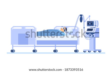 Severely ill patient lying on a hospital bed and breathing with the help of a ventilator. Lung disease treatment concept. Cartoon isometric vector illustration