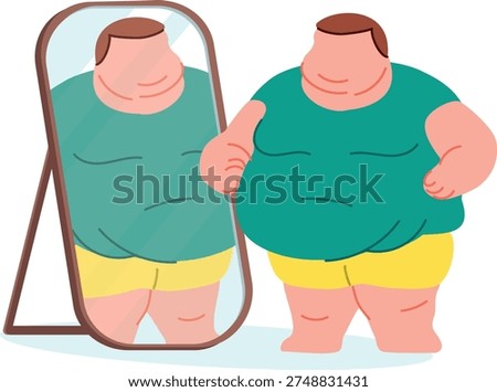 Severely Obese Man Looking in Mirror Extreme Obesity and Body Image Concept Flat Vector Illustration