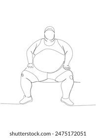 severely obese man in a tracksuit sits on a bench one line art. Continuous line drawing of body positive, overweight, plus size model, XL, health, fashion, self acceptance.